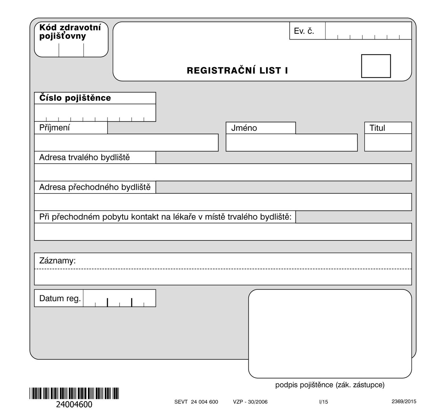 30- Registrační list - dvoulistá složka