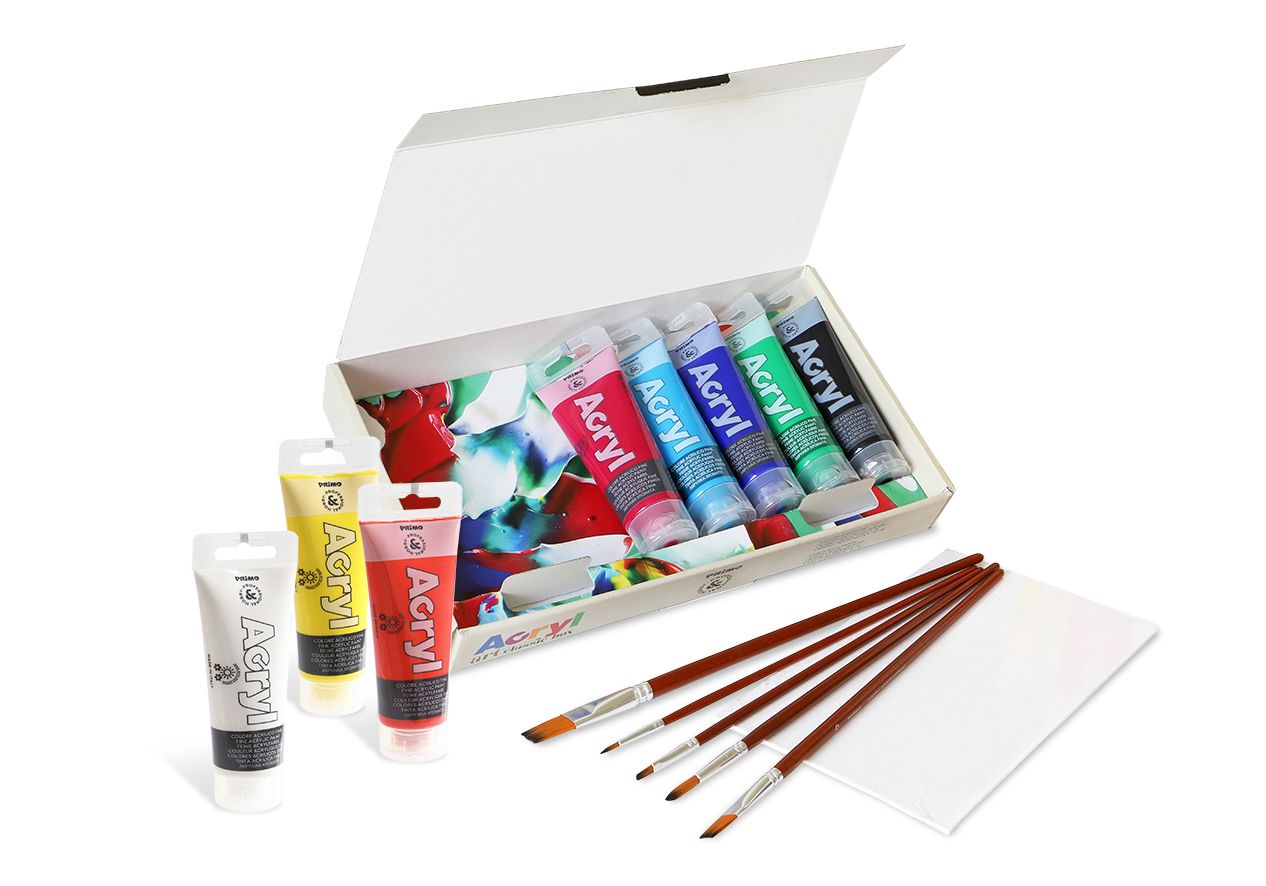 Akrylové barvy PRIMO - sada 8 × 75 ml, plátno, 5 štětců LUX