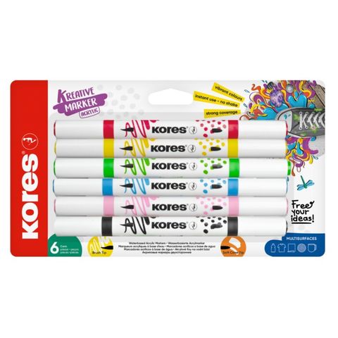 Obrázek produktu: Akrylové popisovače Kores Kreative Marker, oboustranné - 6 barev