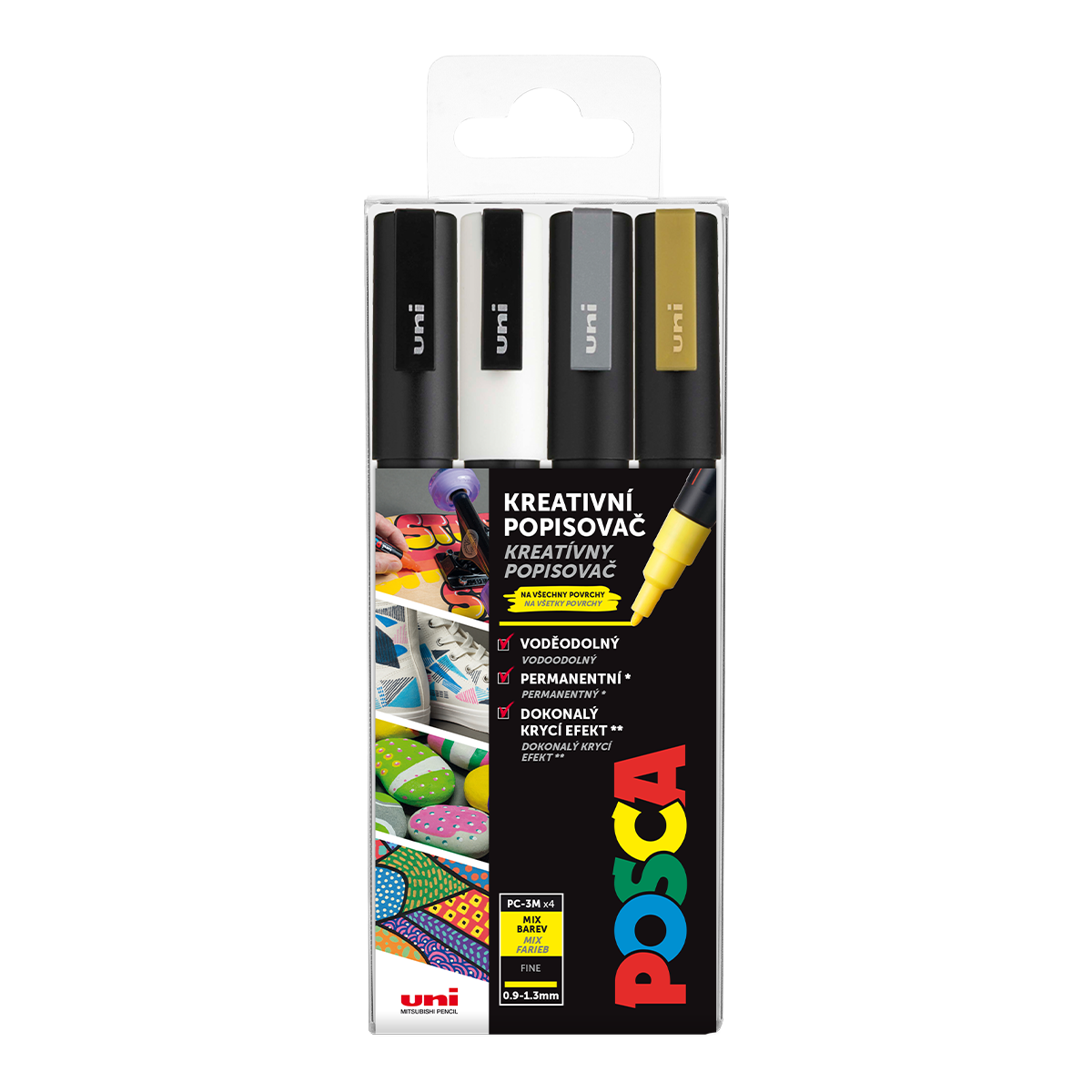 Akrylové popisovače POSCA, PC-3M - 4 barvy: černá, bílá, zlatá, stříbrná