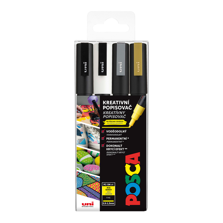POSCA akrylový popisovač PC-3M 4 ks - bílá, zlatá, černá, stříbrná POSCA