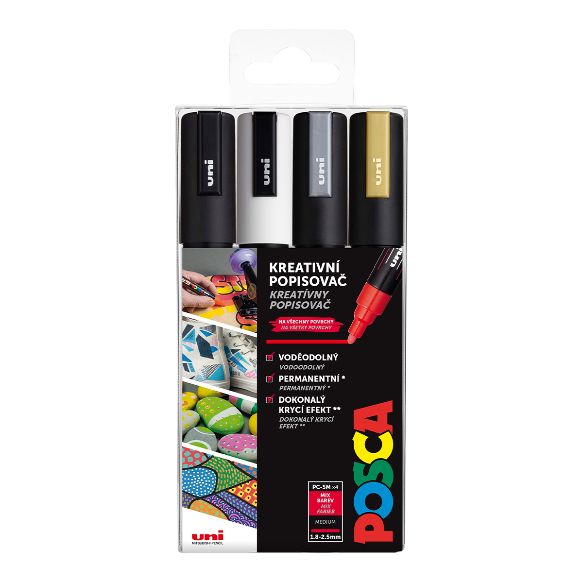 Akrylové popisovače POSCA, PC-5M - 4 barvy: černá, bílá, zlatá, stříbrná