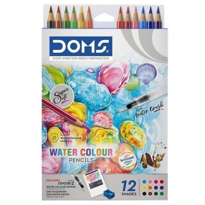 Akvarelové pastelky DOMS Aqua sada 12 ks guma, vodní štětec, papír A5