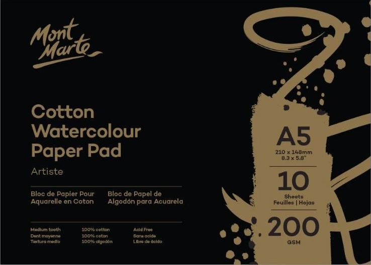 Akvarelový papír Artiste Mont Marte , 100% bavlna, 200 g/m2, A5 - 10 listů