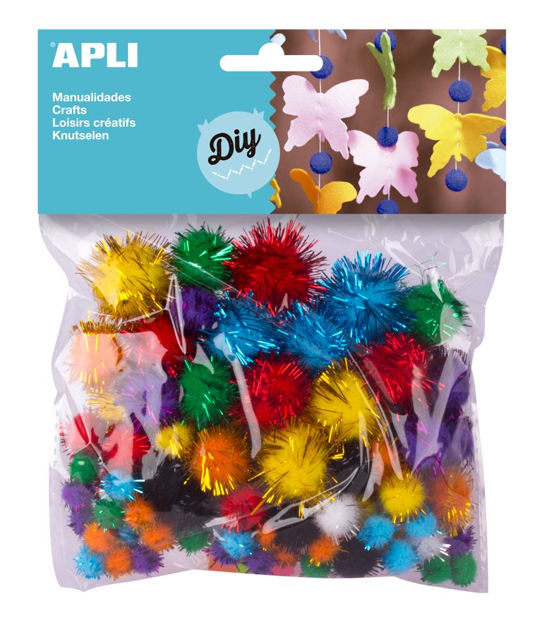 APLI Dekorativní Pom-pom kuličky se třpytkami 78 ks, barevný mix