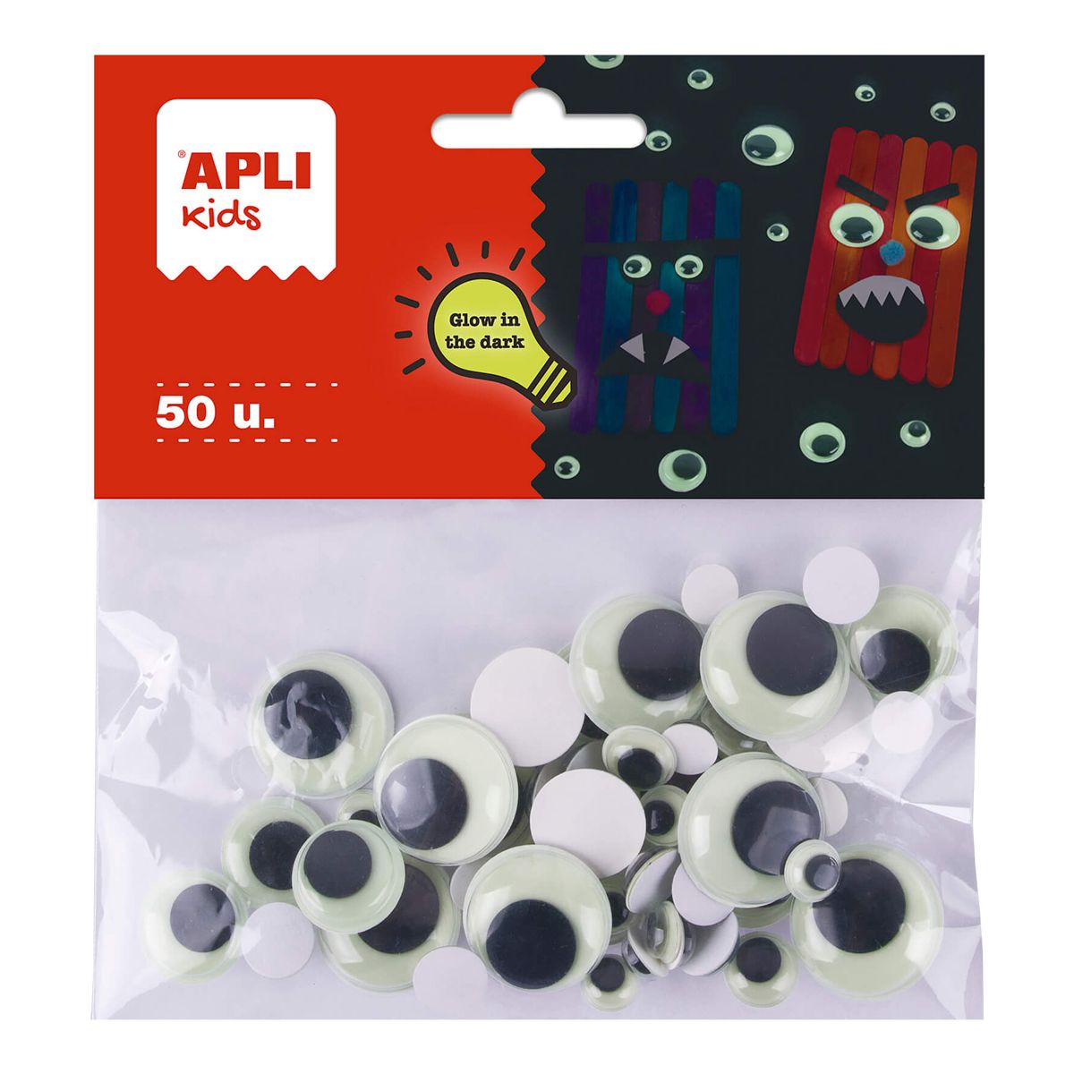 APLI Pohyblivě oči kulaté samolepicí, svítí ve tmě, mix velikostí - černé, 50 ks