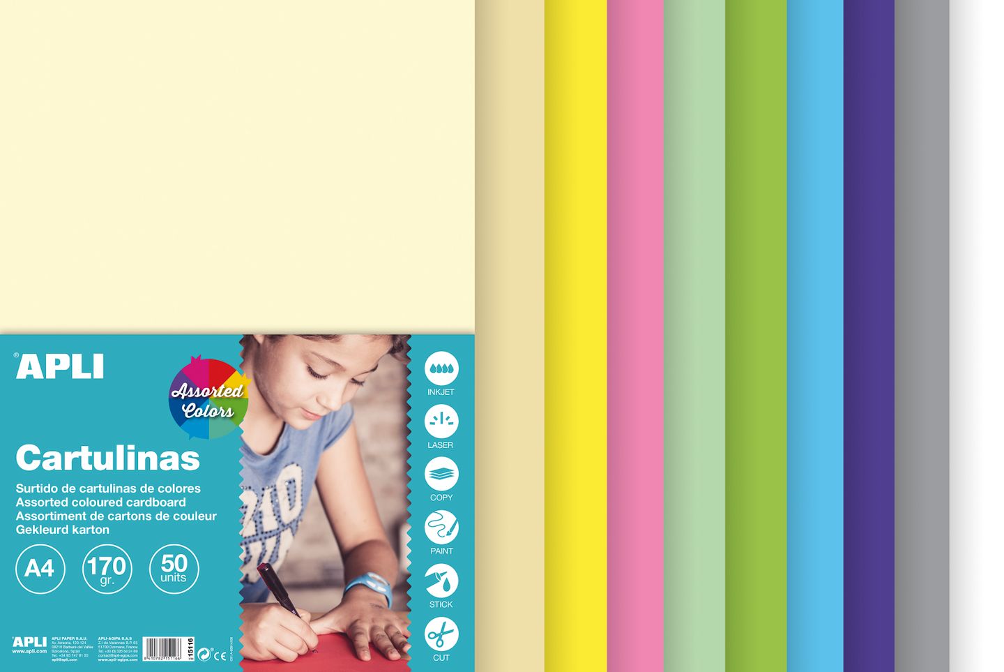 APLI Sada barevných papírů, A4, 170 g, 50 listů, mix pastelových barev