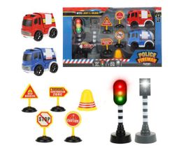 Obrázek produktu: Auto 2 ks policie, hasiči + semafor, radar, značky na baterie se zvukem se světlem