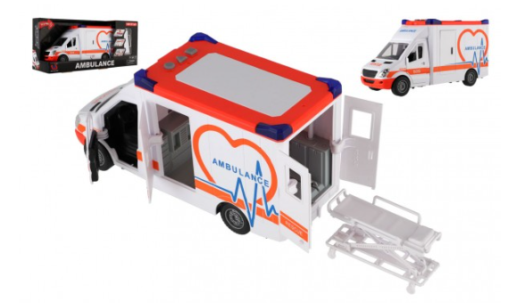 Teddies Auto ambulance plast 28cm s lehátkem na setrvačník se světlem se zvukem v krabici 39x18x12cm