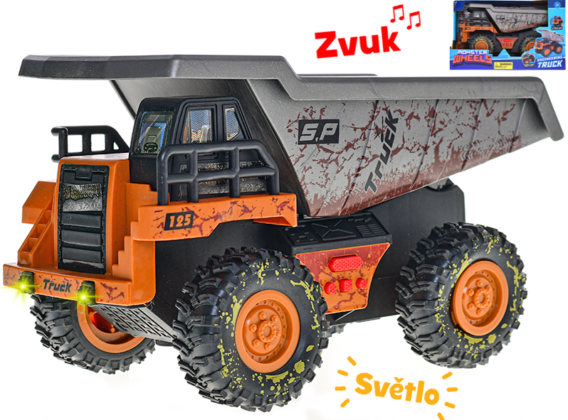 Auto stavební sklápěčka 25 cm na setrvačník na baterie se světlem a zvukem