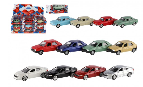 Welly Dromader Auto Škodakov/plast 7cm mix druhů na volný chod v krabičce 10x4x4cm 36ks v boxu 1:60