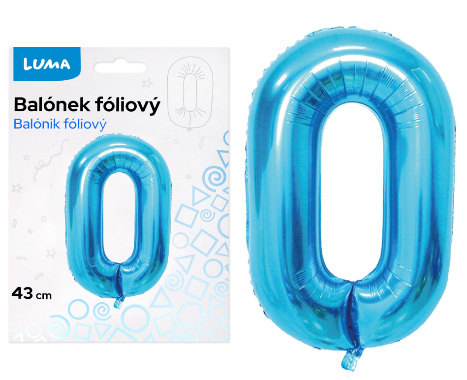 Balónek fóliový nafukovací číslo 0, modrý 43 cm