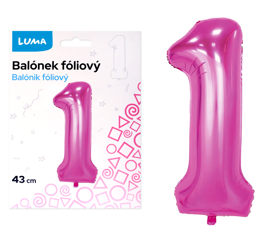 Balónek fóliový nafukovací číslo 1, růžový 43 cm