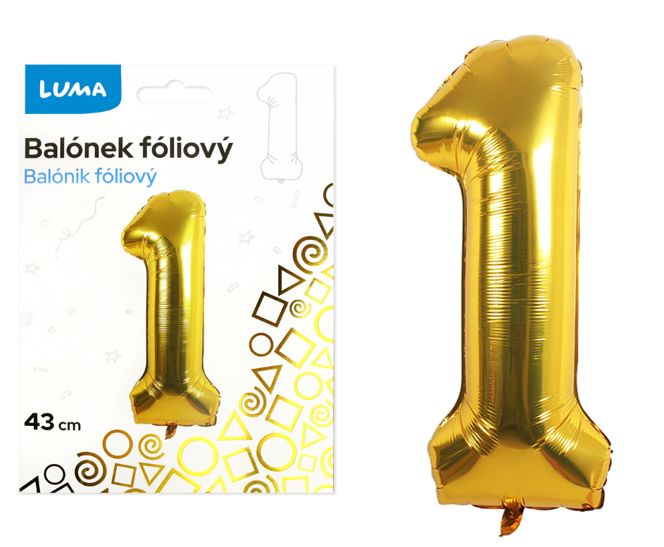 Balónek fóliový nafukovací číslo 1, zlatý 43 cm