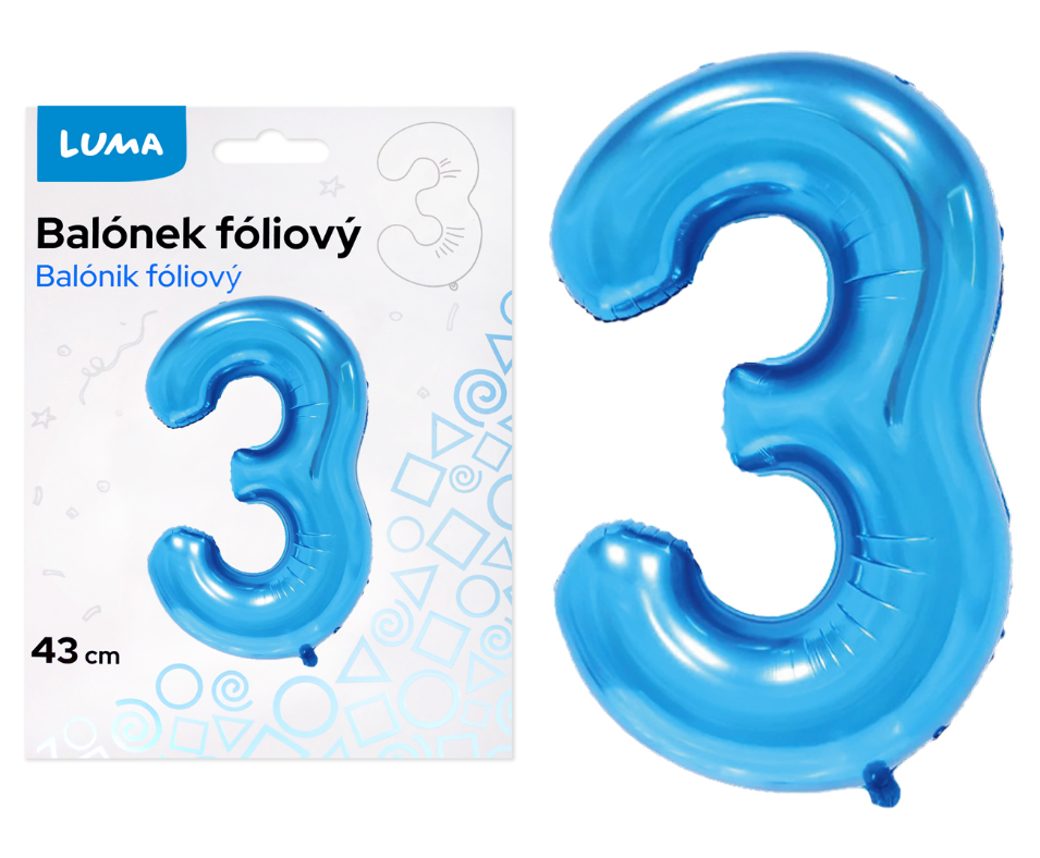Balónek fóliový nafukovací číslo 3, modrý 43 cm