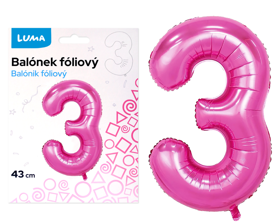 Balónek fóliový nafukovací číslo 3, růžový 43 cm