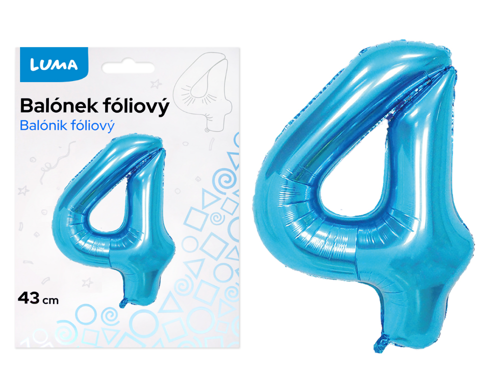 Balónek fóliový nafukovací číslo 4, modrý 43 cm