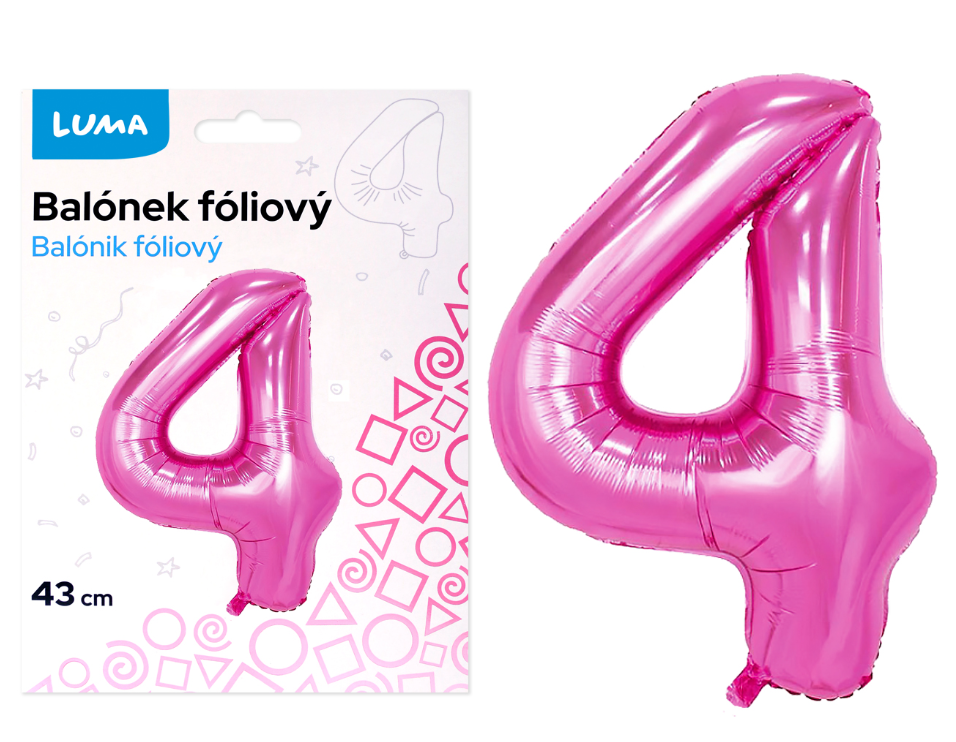 Balónek fóliový nafukovací číslo 4, růžový 43 cm