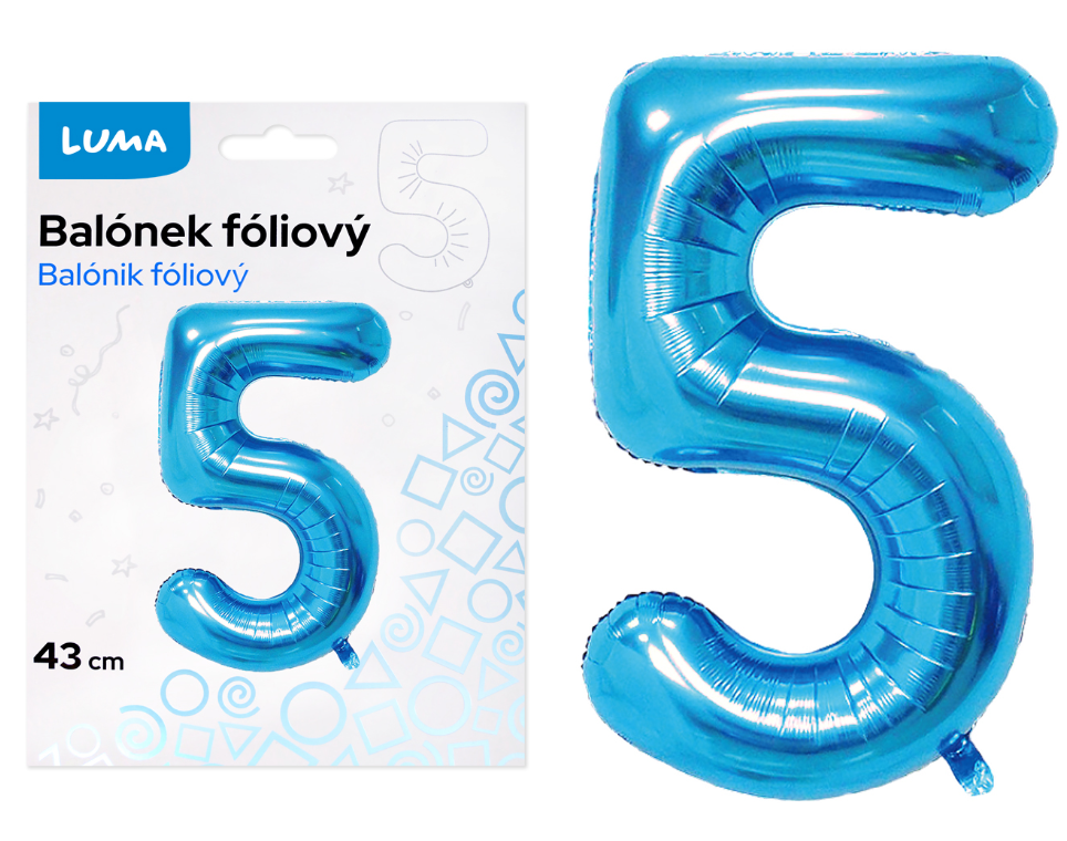 Balónek fóliový nafukovací číslo 5, modrý 43 cm