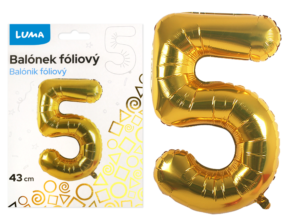 Balónek fóliový nafukovací číslo 5, zlatý 43 cm