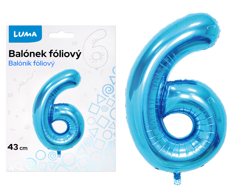 Balónek fóliový nafukovací číslo 6, modrý 43 cm