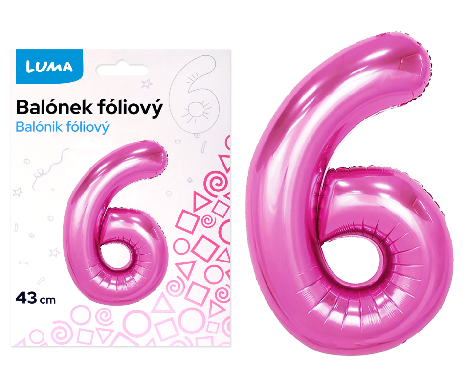 Balónek fóliový nafukovací číslo 6, růžový 43 cm