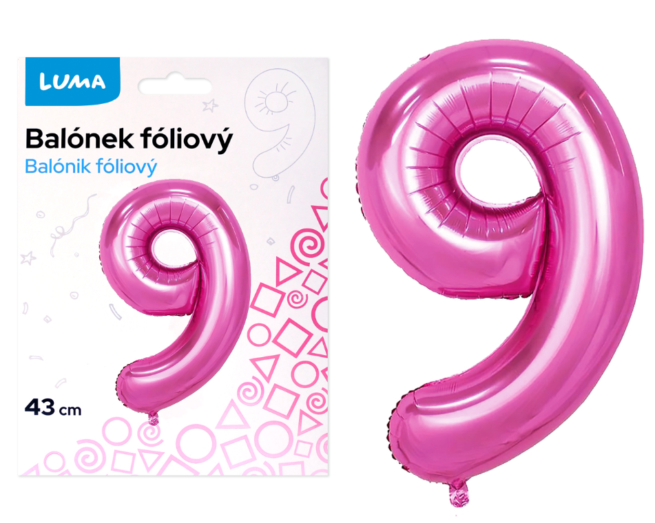 Balónek fóliový nafukovací číslo 9, růžový 43 cm