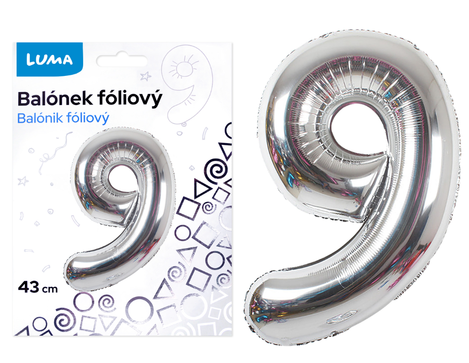 Balónek fóliový nafukovací číslo 9, stříbrný 43 cm
