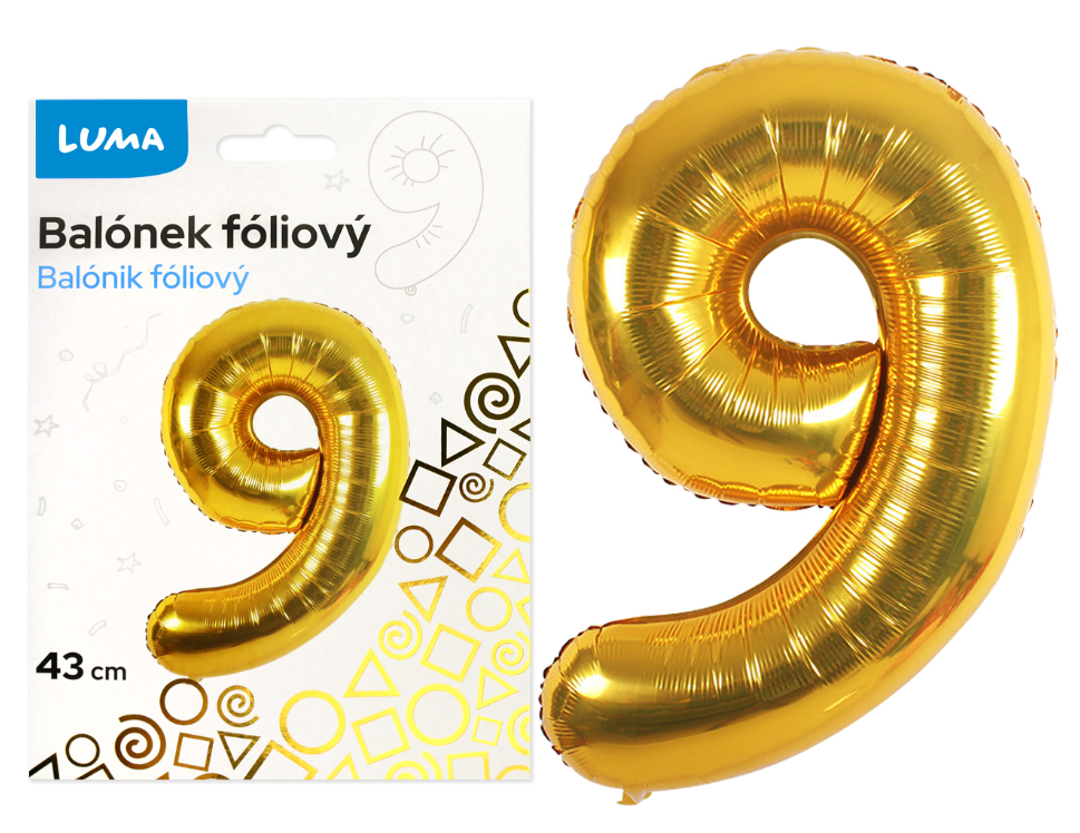Balónek fóliový nafukovací číslo 9, zlatý 43 cm