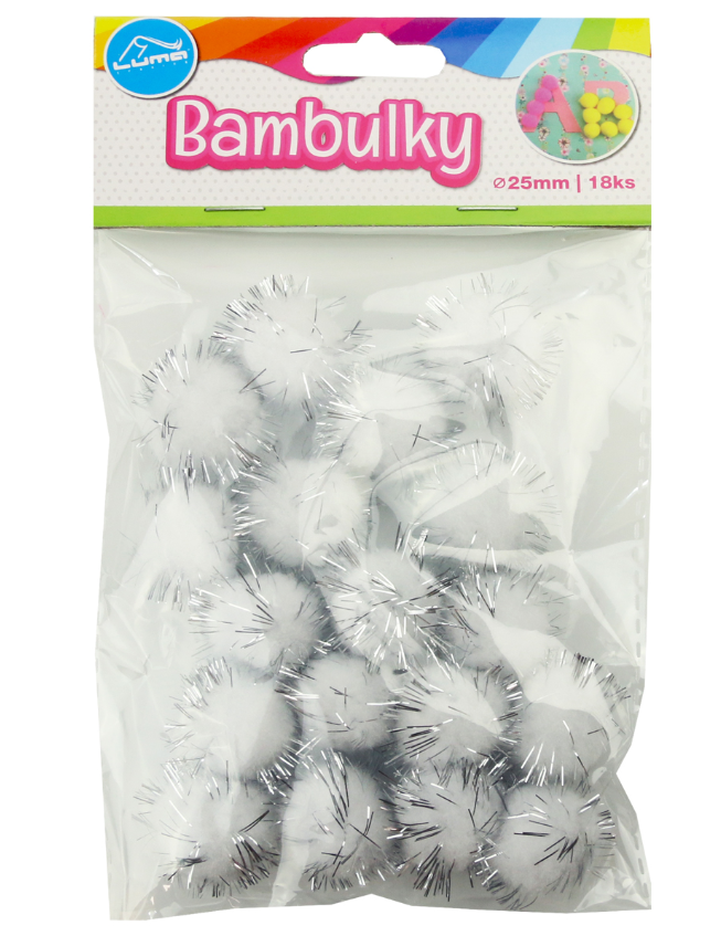 Levně Bambulky metalické bílo-stříbrné 25 mm - 18 ks