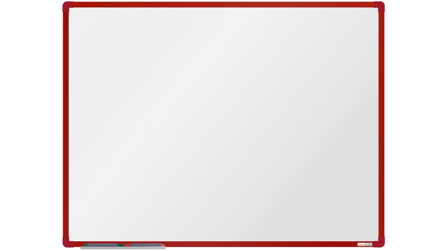 boardOK Bílá magnetická tabule s keramickým povrchem 120 × 90 cm, červený rám