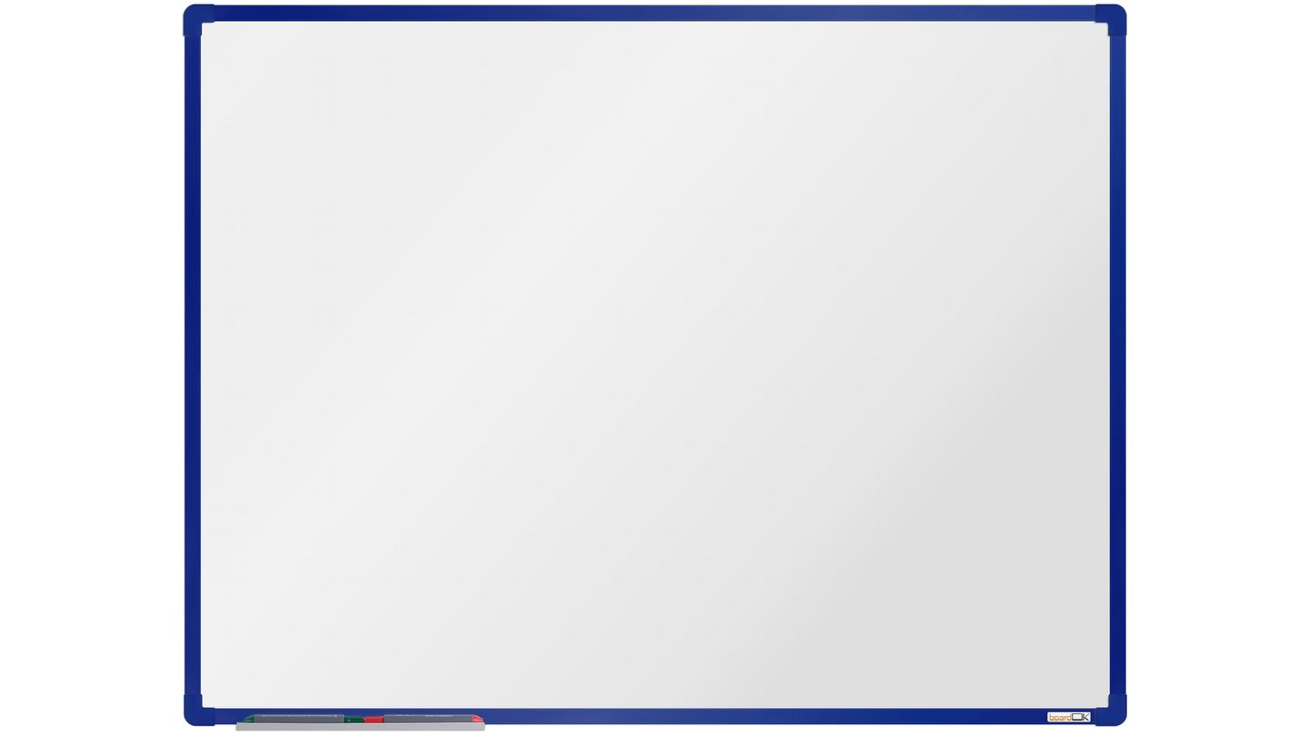 boardOK Bílá magnetická tabule s keramickým povrchem 120 × 90 cm, modrý rám