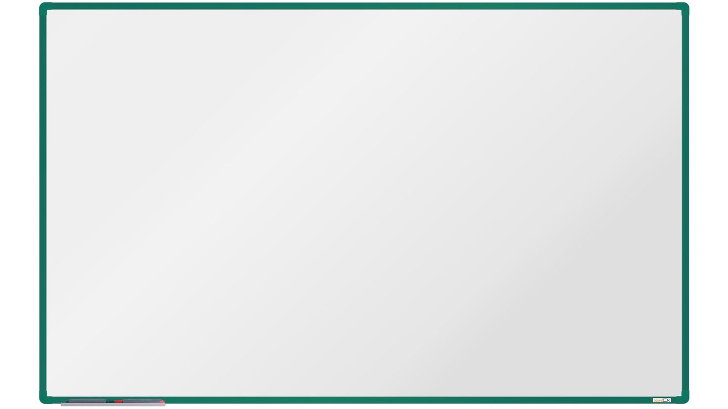 boardOK Bílá magnetická tabule s keramickým povrchem 200 × 120 cm, zelený rám