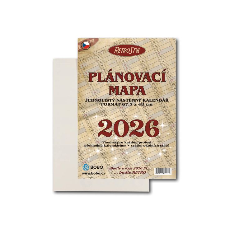 BOBO Plánovací roční mapa 2026 Retro 68 × 48 cm, skládaná