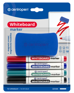 Obrázek produktu: Centropen Popisovač 8559 na bílé tabule - sada 4 barev + magnetická houbička