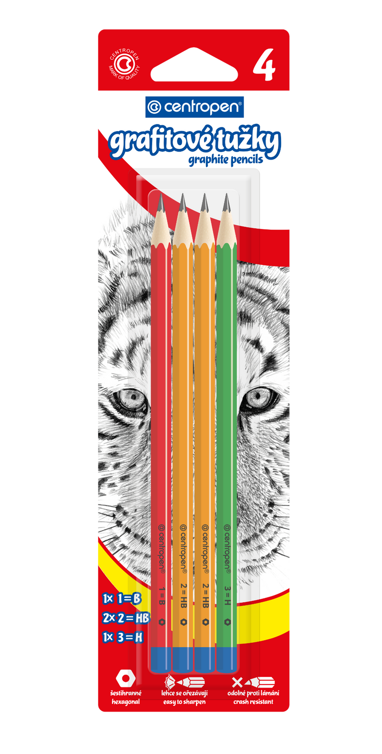 Centropen Tužka grafitová, 3 tvrdosti - balení 4 ks