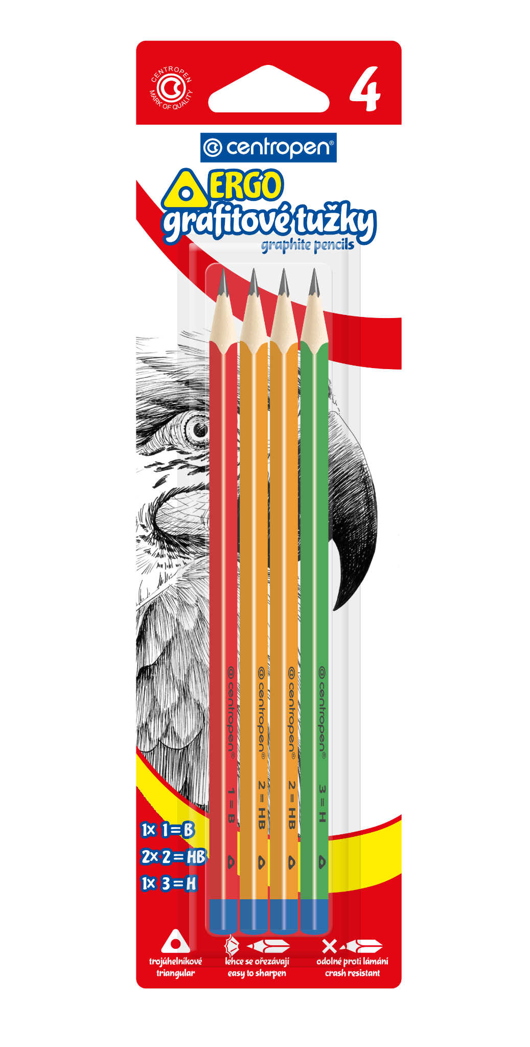 Centropen Tužka grafitová ERGO, 3 tvrdosti - balení 4 ks
