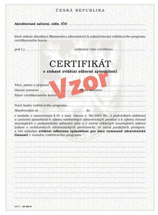 Levně Certifikát o získané zvláštní odborné způsobilosti
