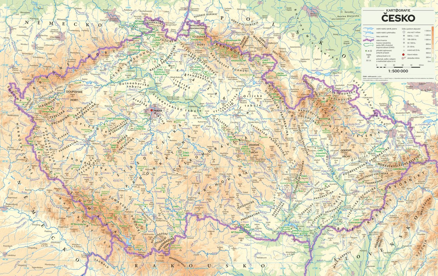 Česko – nástěnná mapa reliéf a povrch, 1 : 500 000