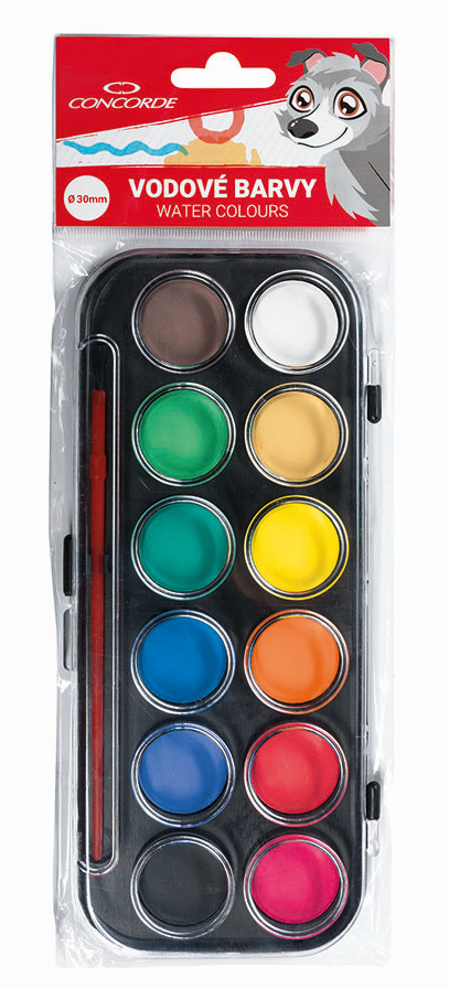 Vodové barvy CONCORDE, 12 barev, 30mm, se štětcem CONCORDE