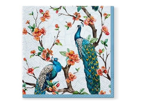 Obrázek produktu: Dekorační ubrousky 33 × 33 cm, 20 ks - pávi na rozkvetlých větvích