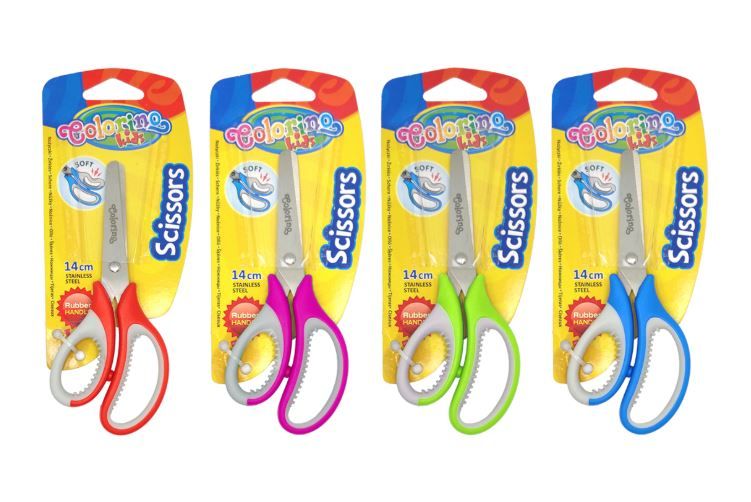 Dětské nůžky Colorino s gumovým gripem 14 cm, asymetrické - mix barev