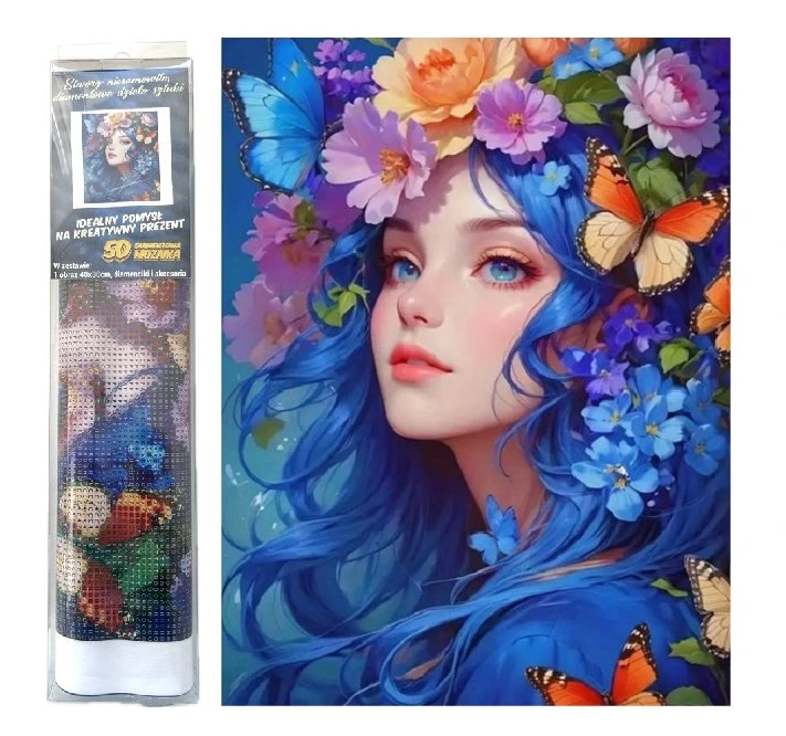 Diamantový obrázek - Žena s květinami a motýly ve vlasech 30x40 cm