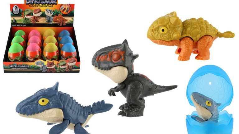 Dinosaurus kousací ve vajíčku plast 10cm 4 barvy 12ks v boxu