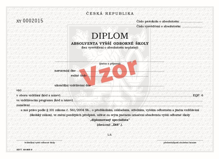 Diplom absolventa VOŠ pro tisk QR kódu