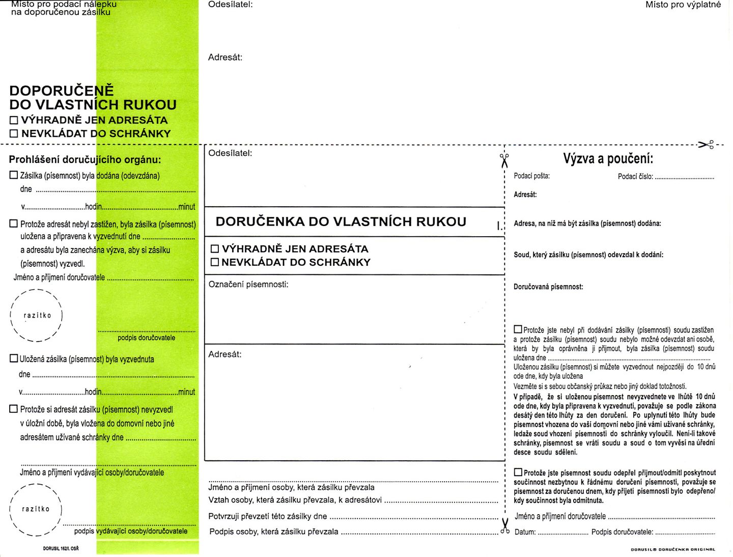 Doručenka do vlastních rukou typ II. OSŘ zelený pruh s vytrhávacím okénkem - soud