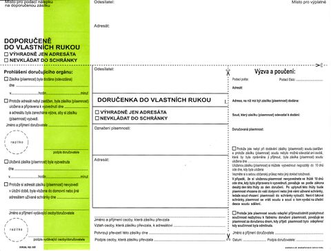 Obrázek produktu: Doručenka do vlastních rukou typ II. OSŘ zelený pruh s vytrhávacím okénkem - soud