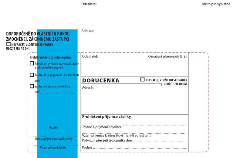 Doručenka modrý pruh Správní řád, s poučením