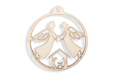 Obrázek produktu: Dřevěná ozdoba 2 andílci s betlémem 63mm, Balení 1ks