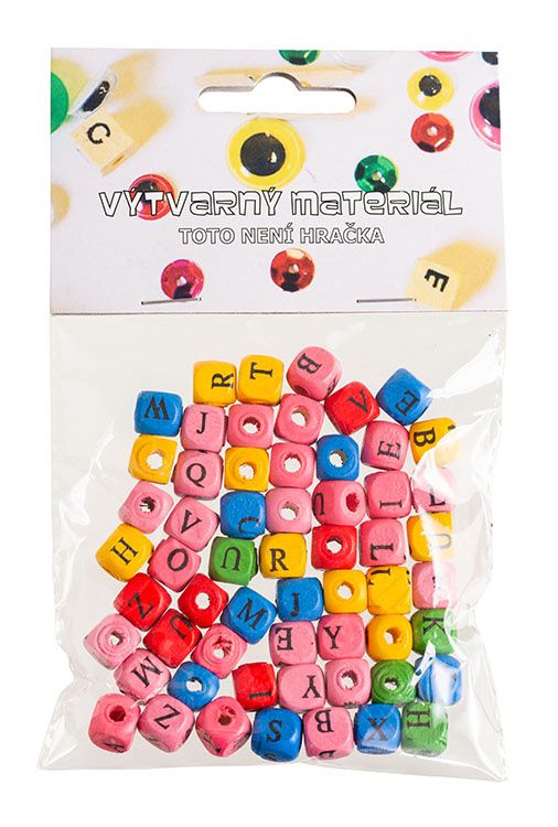 Dřevěné korálky barevné, abeceda, 60 ks - průměr cca 10 mm